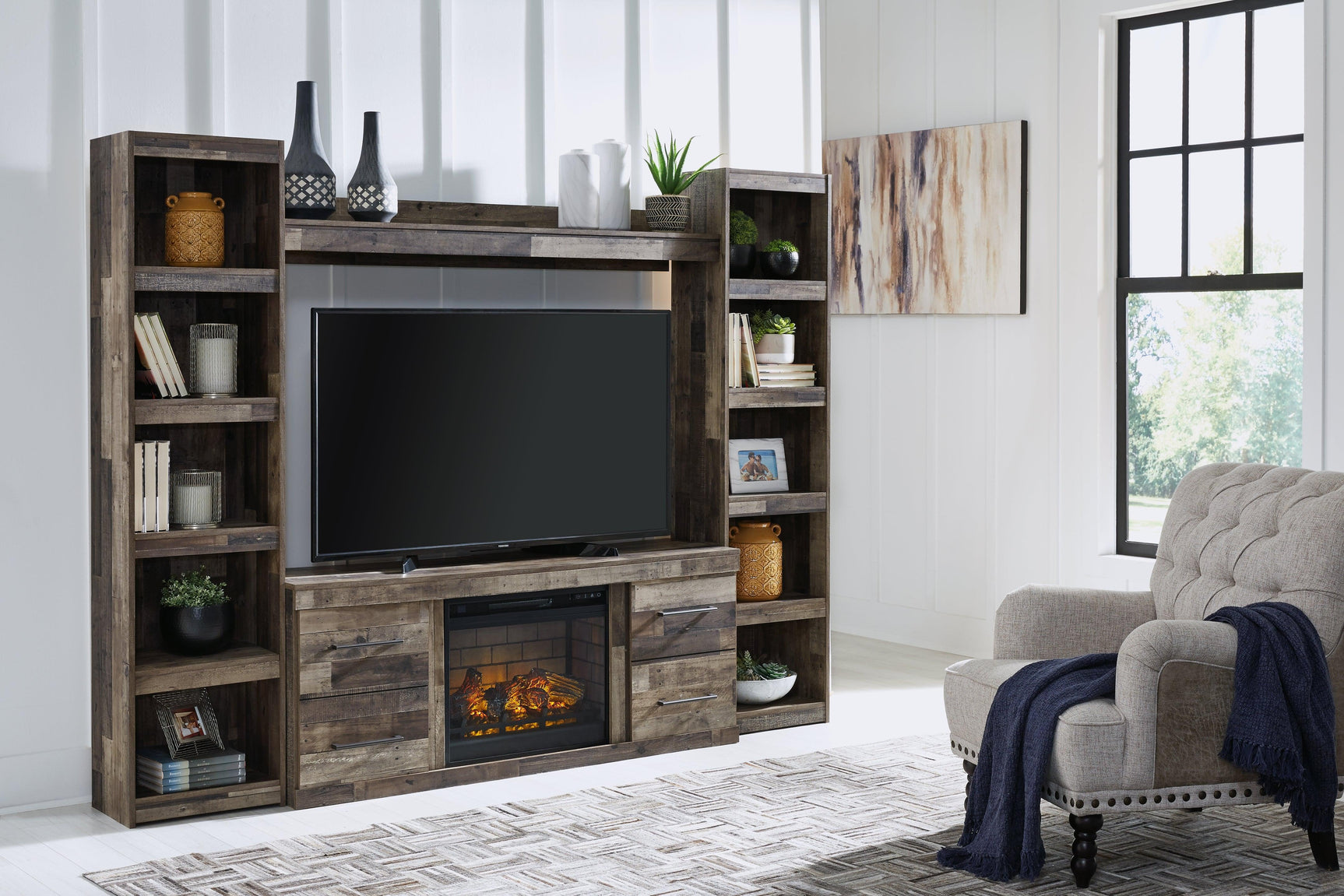 Derekson Multi Gray 4-Piece Entertainment Center With Electric Fireplace - Ella Furniture