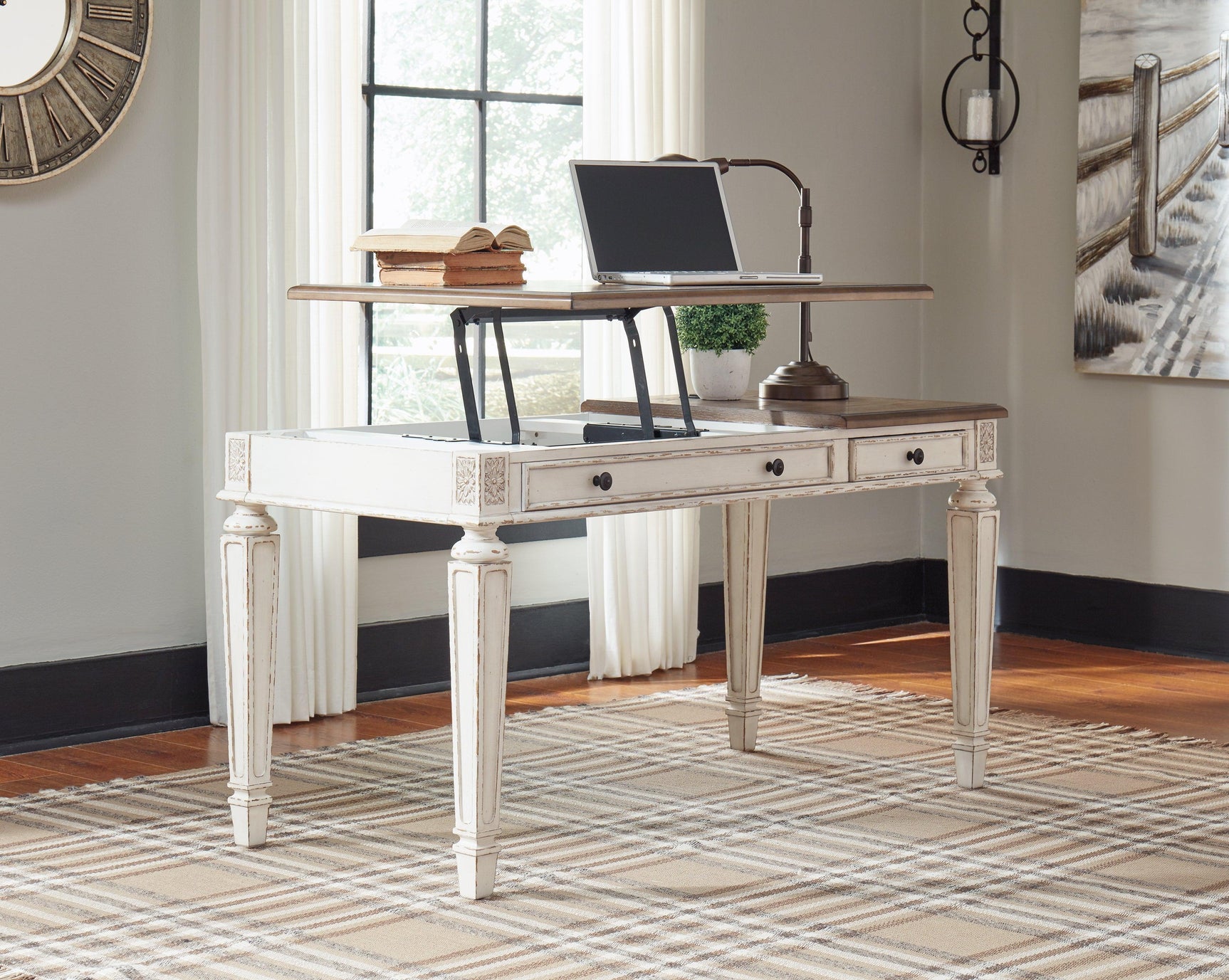 Realyn White/Brown Home Office Lift Top Desk - Ella Furniture