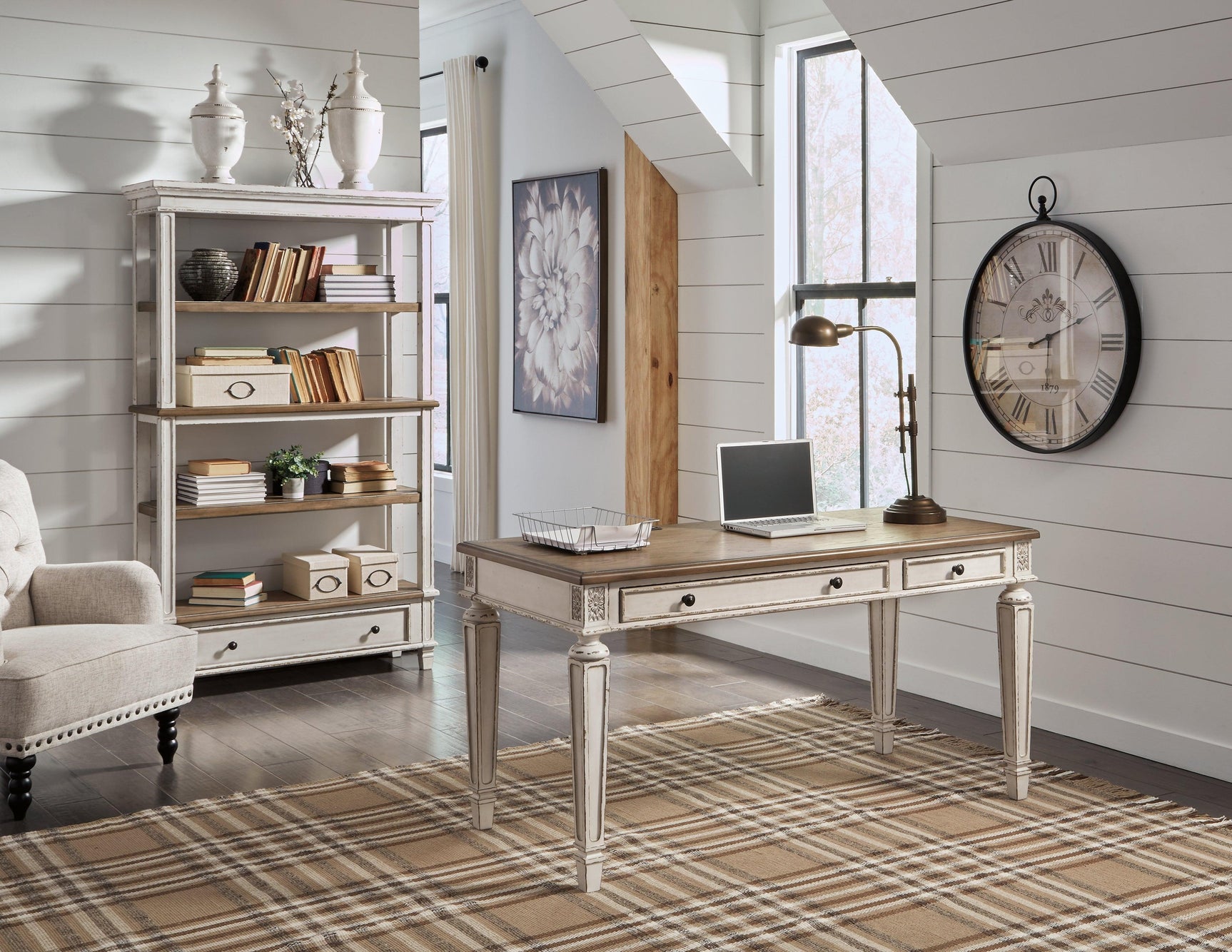 Realyn White/Brown Home Office Desk And Storage - Ella Furniture