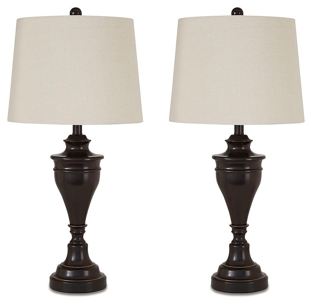 Pair of Darlita bronze table lamps with turned metal pedestals