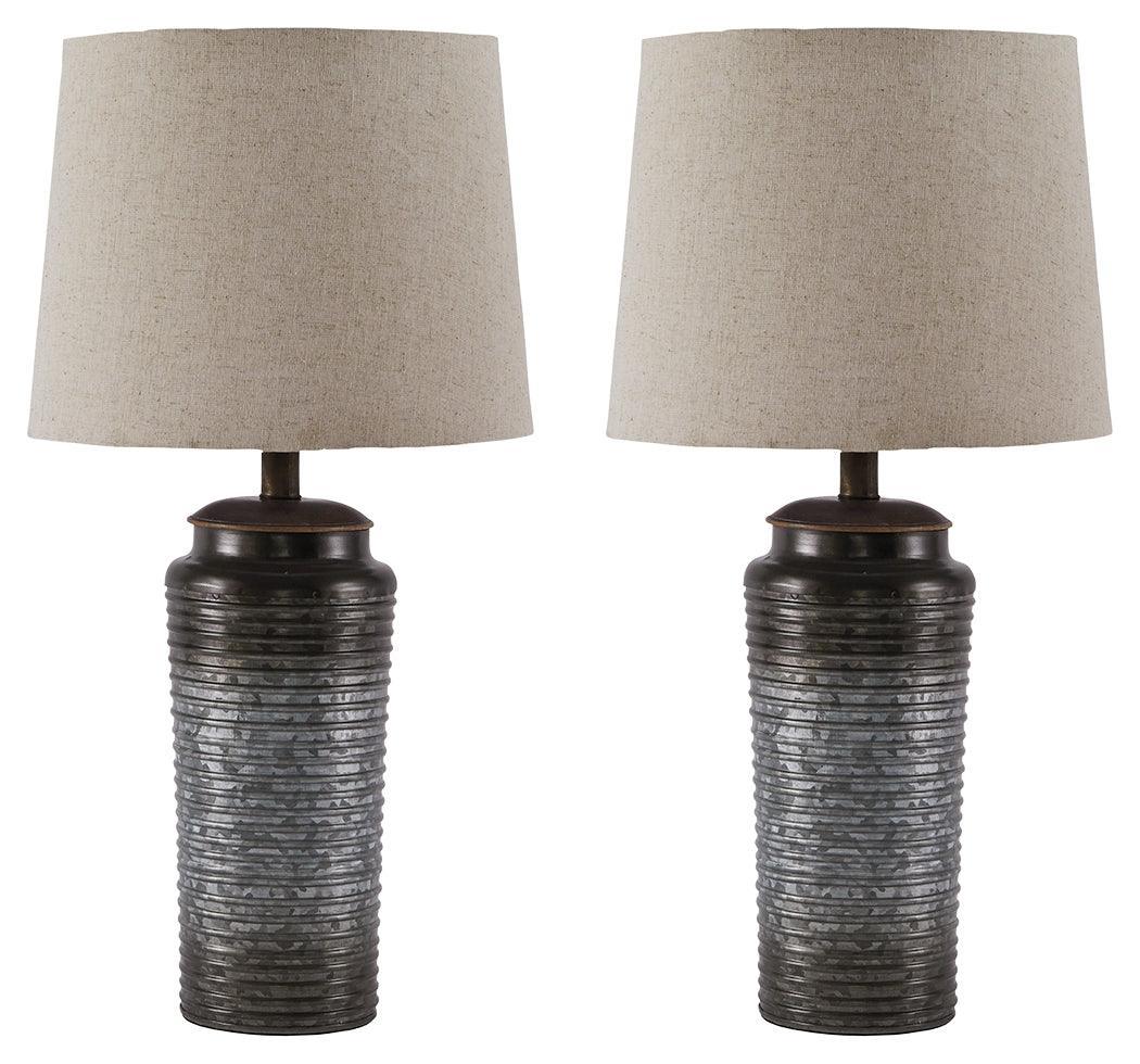 Norbert Gray Table Lamp pair styled on a media room side table