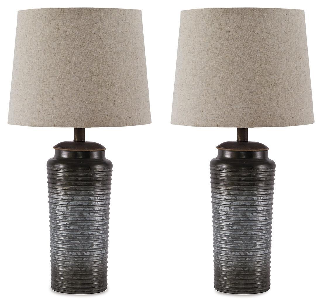 Side angle of Norbert Gray Ombre Metal Table Lamp with ribbed texture base