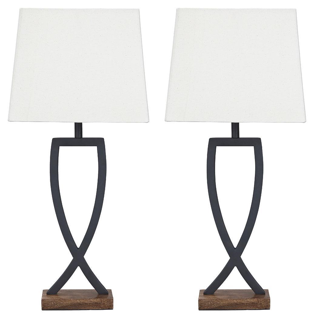 Makara table lamp set highlighting textured black metal and brown wood accents