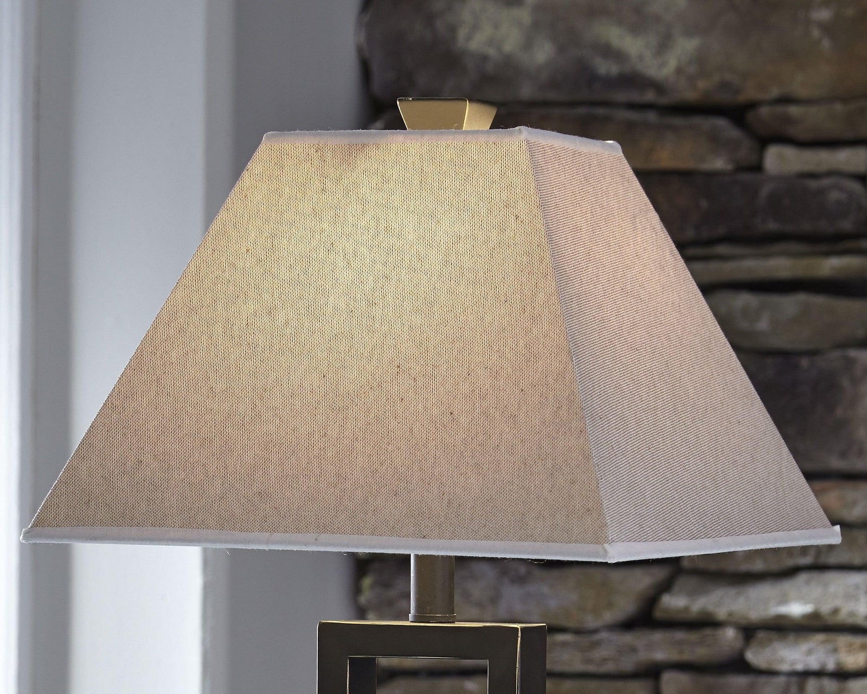 Detail of natural linen square lampshade on Deidra table lamp