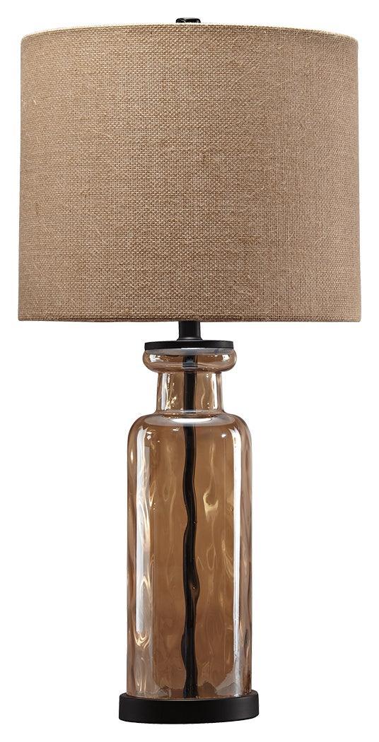 Laurentia table lamp side angle showing textured burlap shade