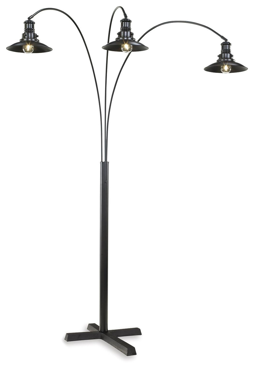 Close-up of Sheriel floor lamp adjustable arm and black matte metal shade