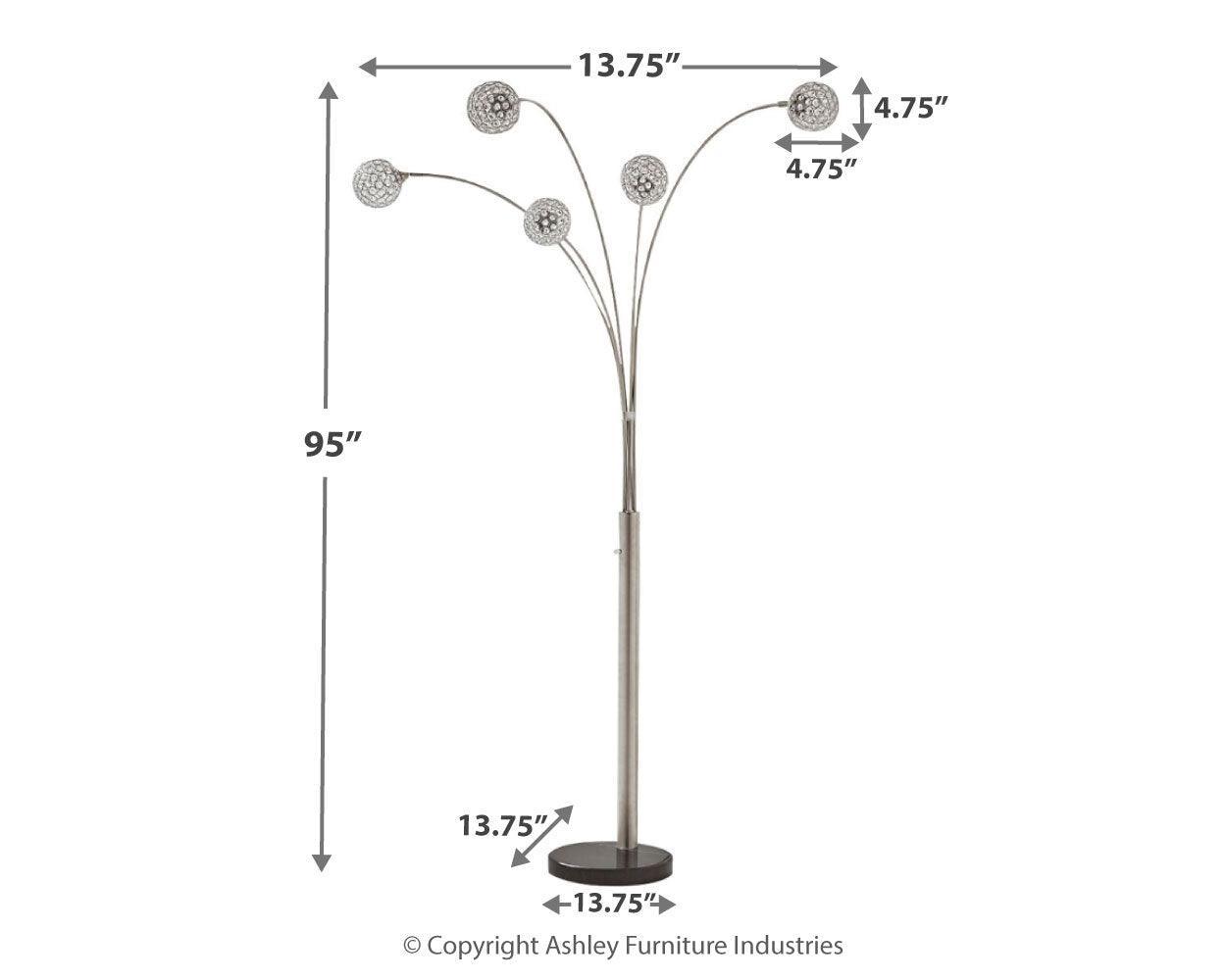 Winter Arc Floor Lamp illuminated with dimmer on, side view