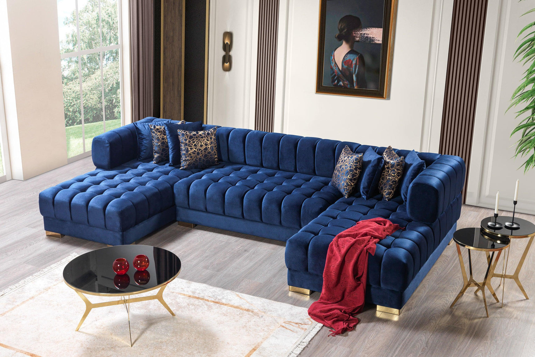 Mia Blue Velvet Double Chaise Sectional - Ella Furniture