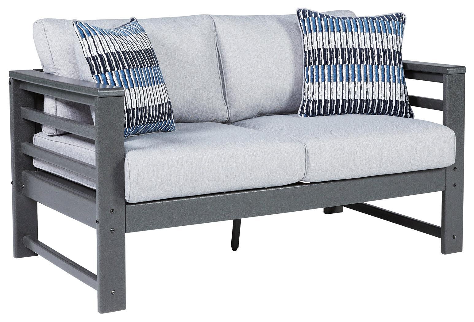 Amora Charcoal Gray Outdoor Loveseat With Cushion - Ella Furniture