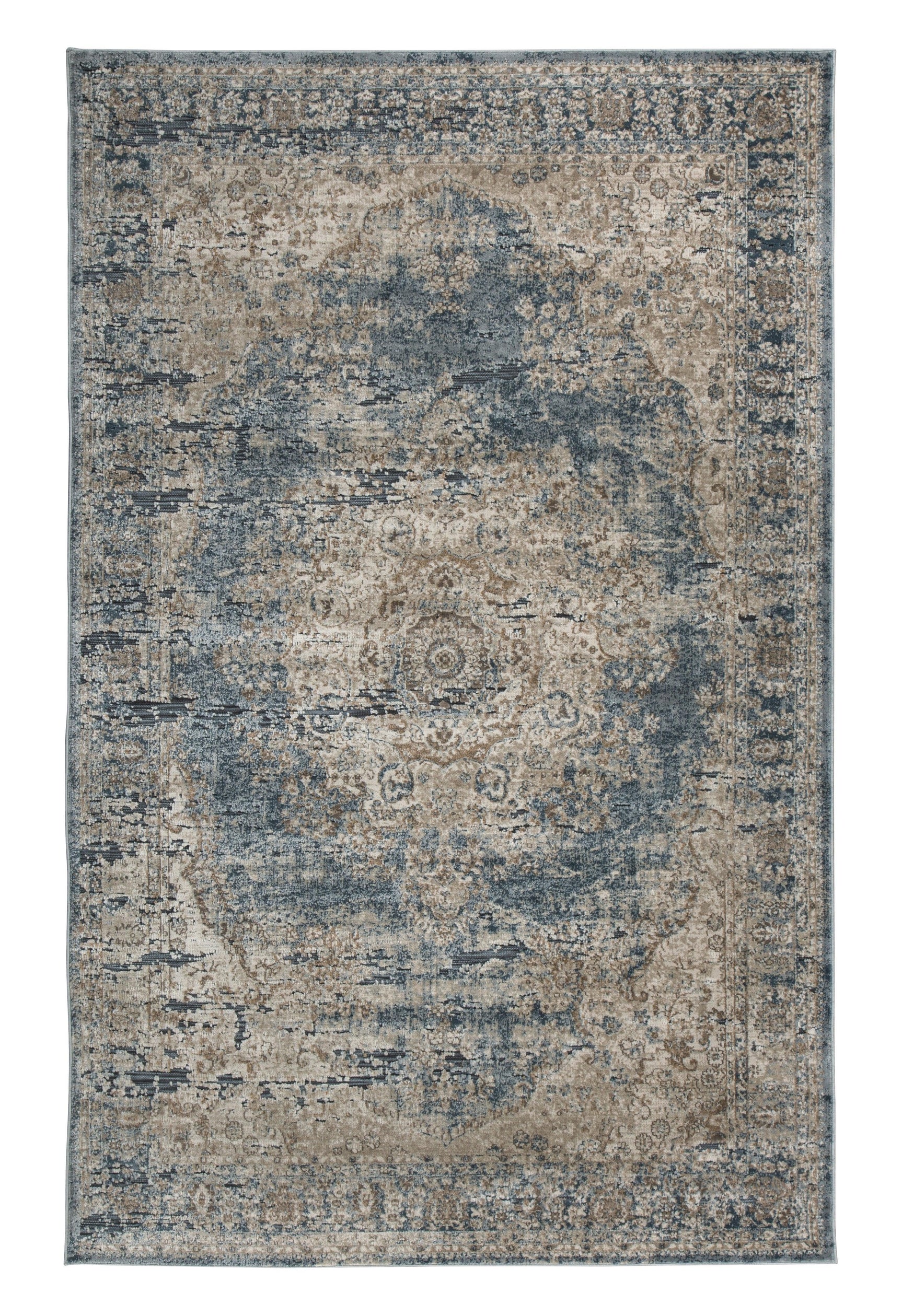 Close-up view of South blue and beige medallion rug texture