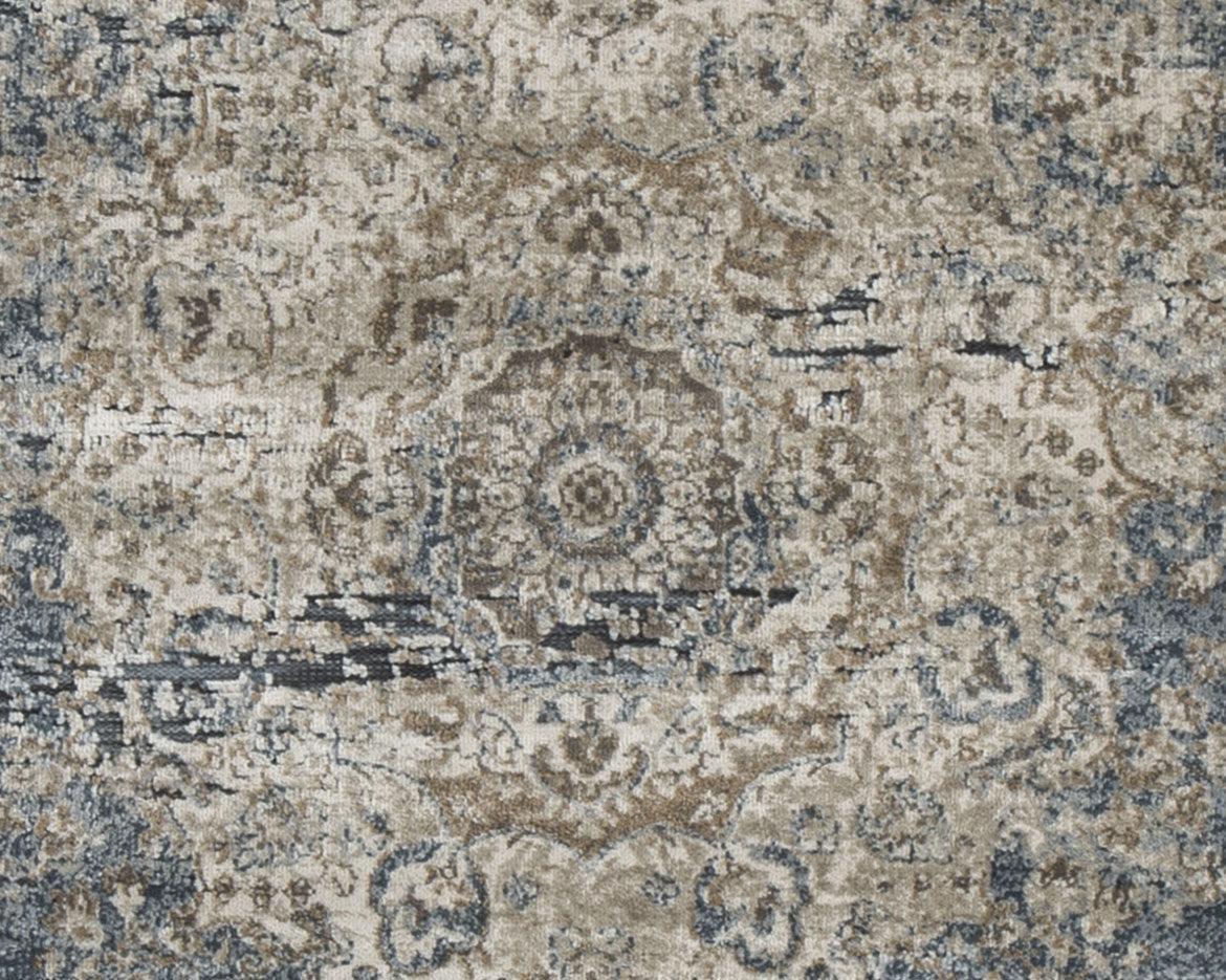South rug fabric swatch in blue and beige colors