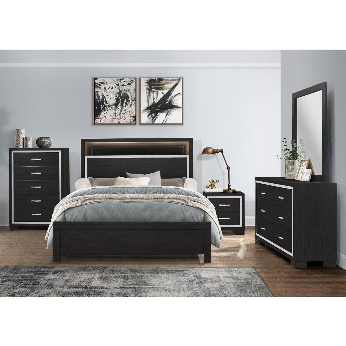 Bellante Black Engineered Wood 3D Melamine Bookcase LED Upholstered Queen Bed With Storage - Ella Furniture