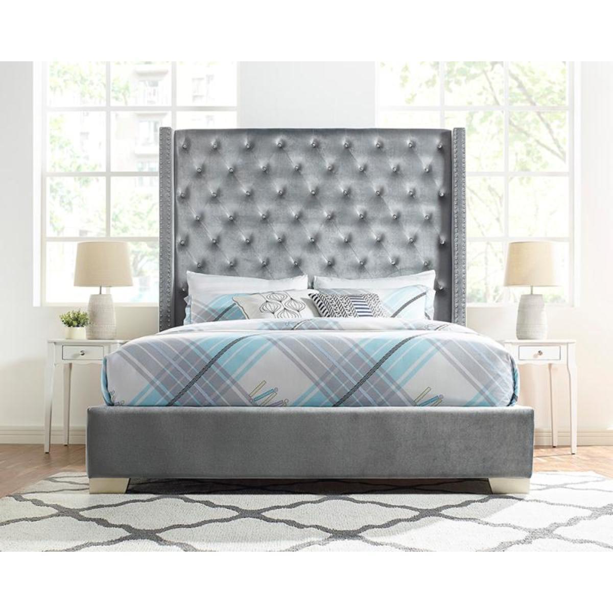 Jacklyn Gray Modern Contemporary Solid Wood Faux Leather Upholstered Tufted King Panel Bed - Ella Furniture