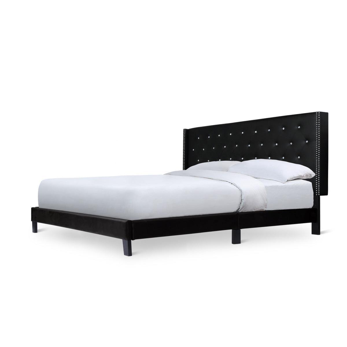 Ivy Black Modern Contemporary Solid Wood Velvet Faux Leather Tufted King Platform Bed - Ella Furniture
