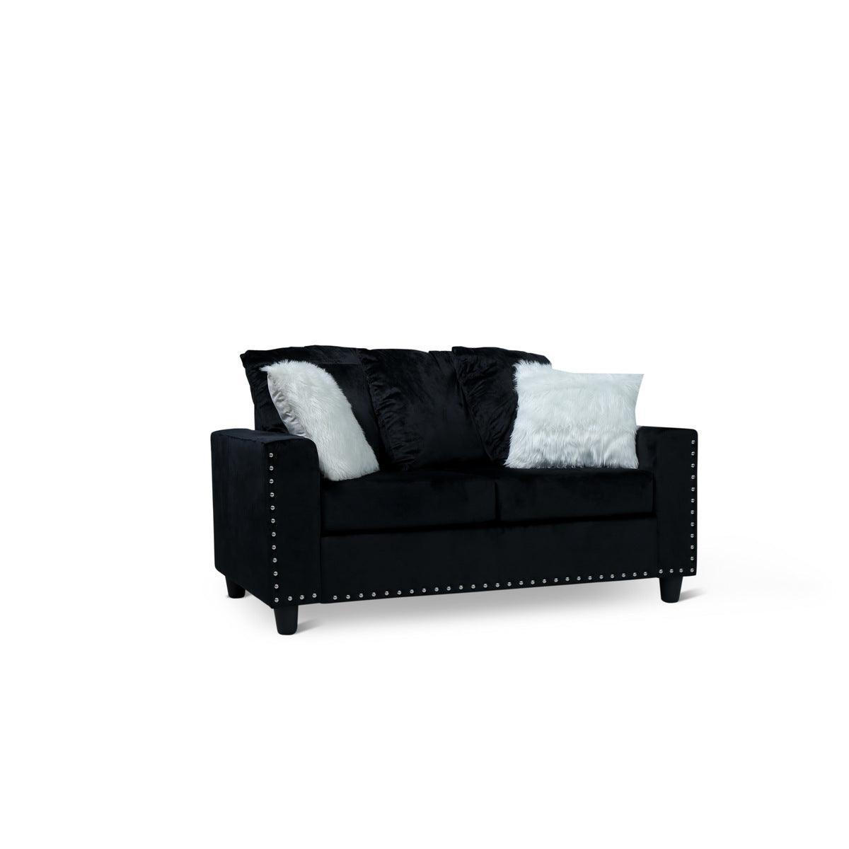 Black Modern Traditional Solid Wood And Plywood Velvet Loveseat With 2 Pillows - Ella Furniture