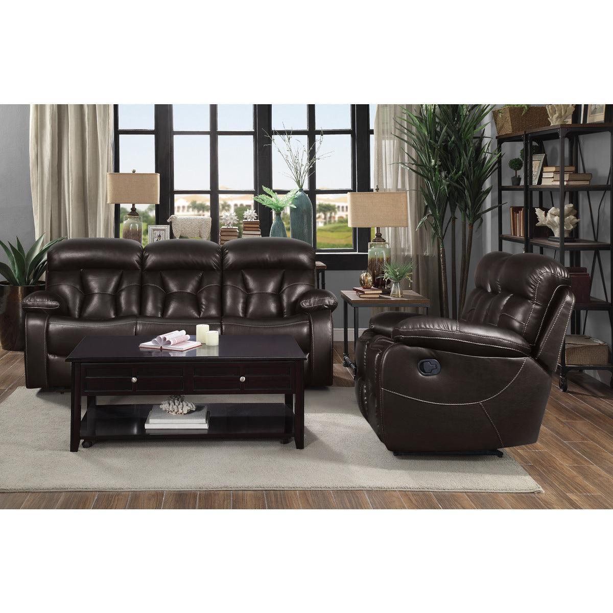 Claire Brown Solid Wood And Plywood Faux Leather Double Reclining Love Seat With Center Console - Ella Furniture