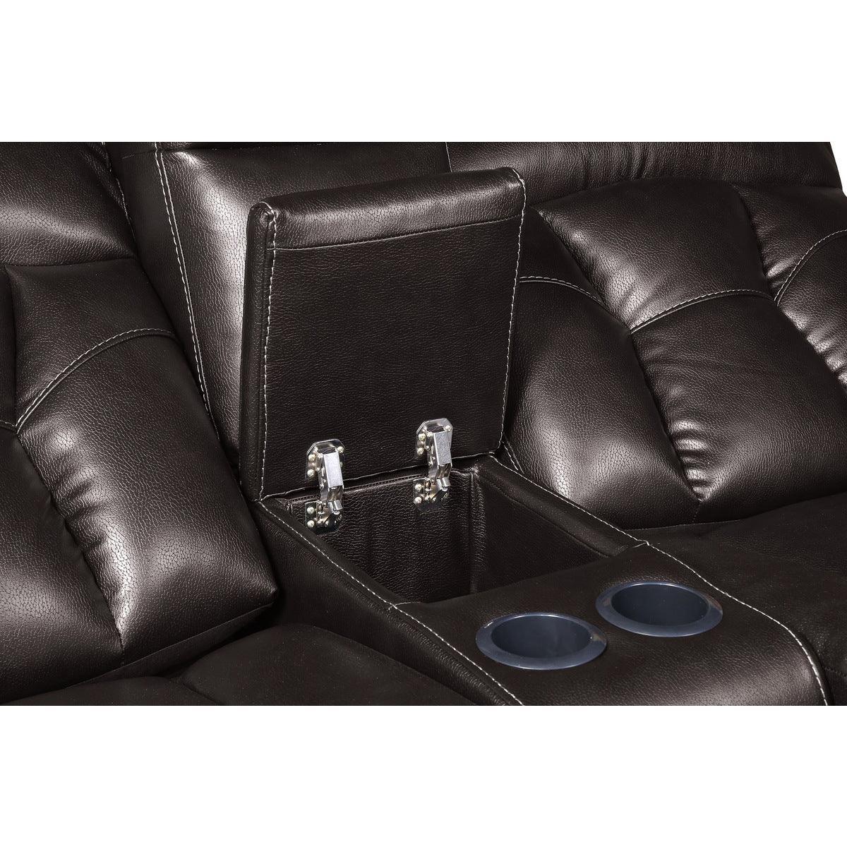 Claire Brown Solid Wood And Plywood Faux Leather Double Reclining Love Seat With Center Console - Ella Furniture