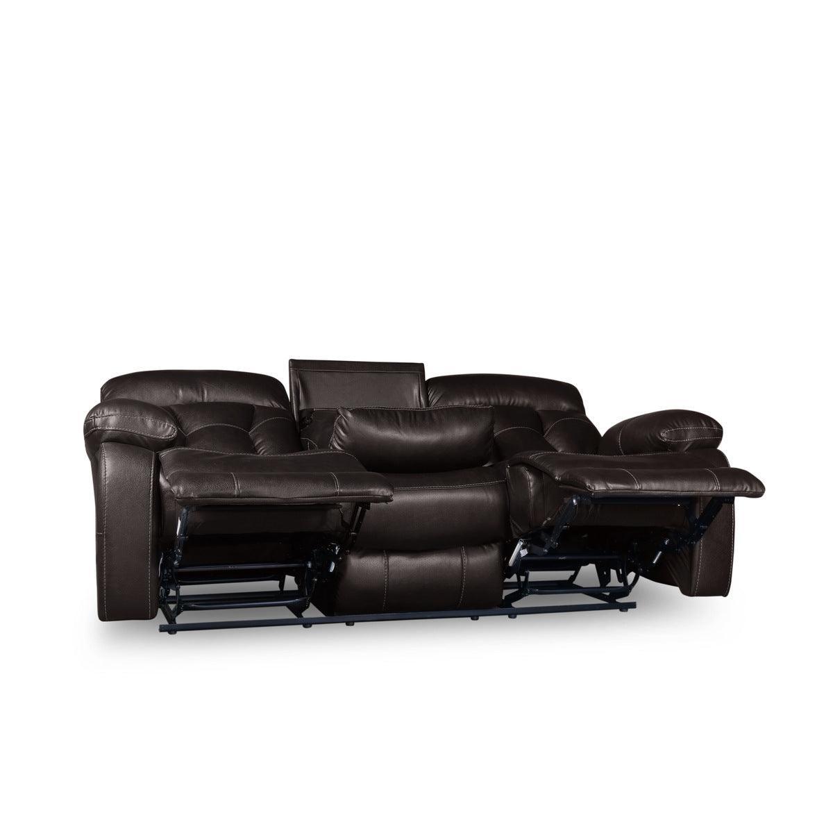 Claire Brown Solid Wood And Plywood Faux Leather Double Reclining Sofa With Drop-down Cup Holders - Ella Furniture