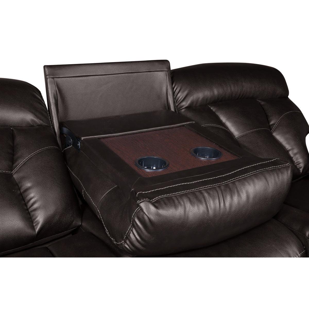 Claire Brown Solid Wood And Plywood Faux Leather Double Reclining Sofa With Drop-down Cup Holders - Ella Furniture