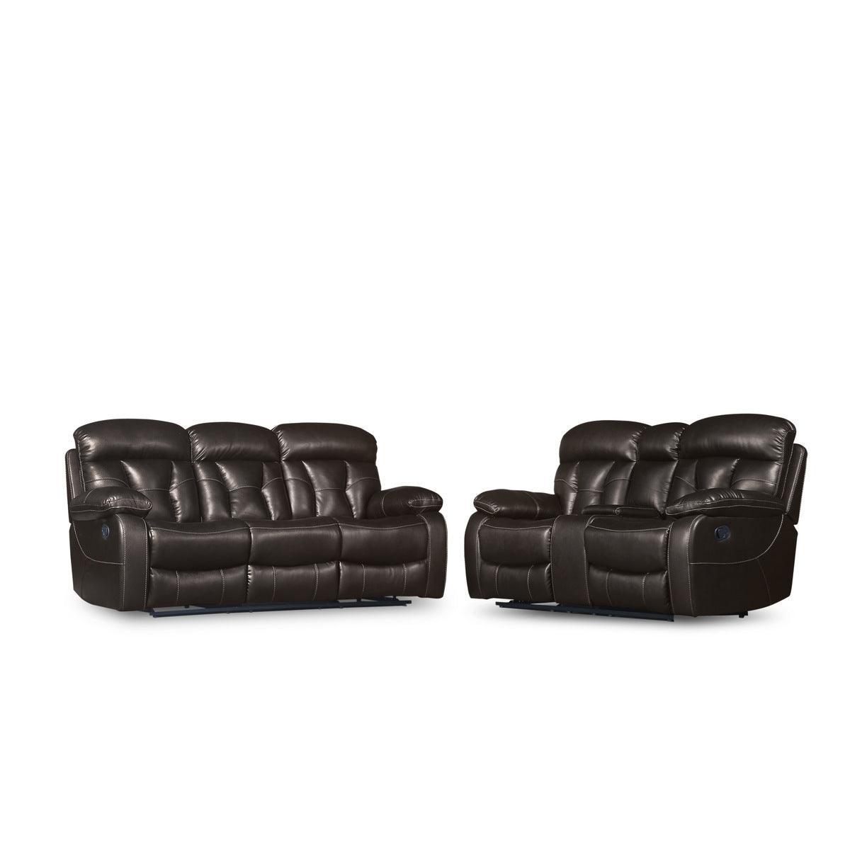 Claire Brown Solid Wood And Plywood Faux Leather Double Reclining Sofa With Drop-down Cup Holders - Ella Furniture