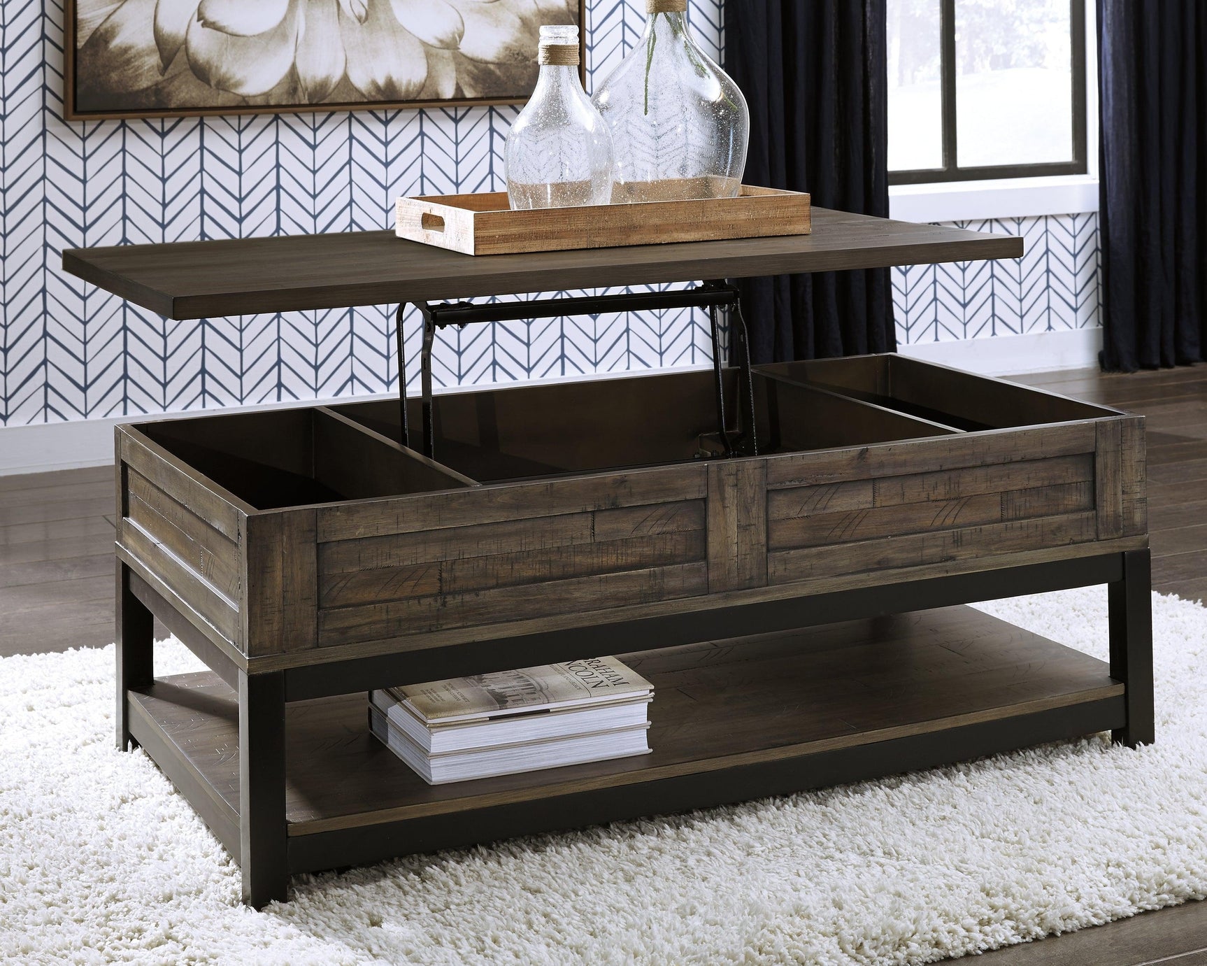 Johurst Grayish Brown Coffee Table With Lift Top - Ella Furniture
