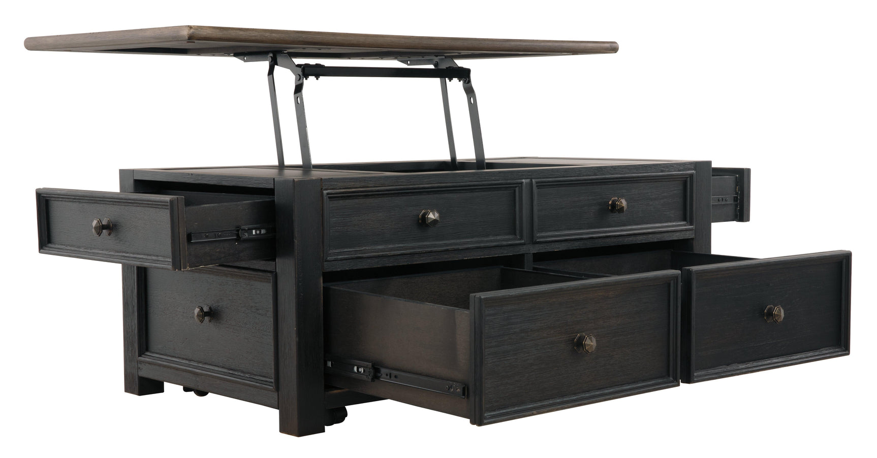 Open lift-top revealing extended workspace on Tyler Creek coffee table