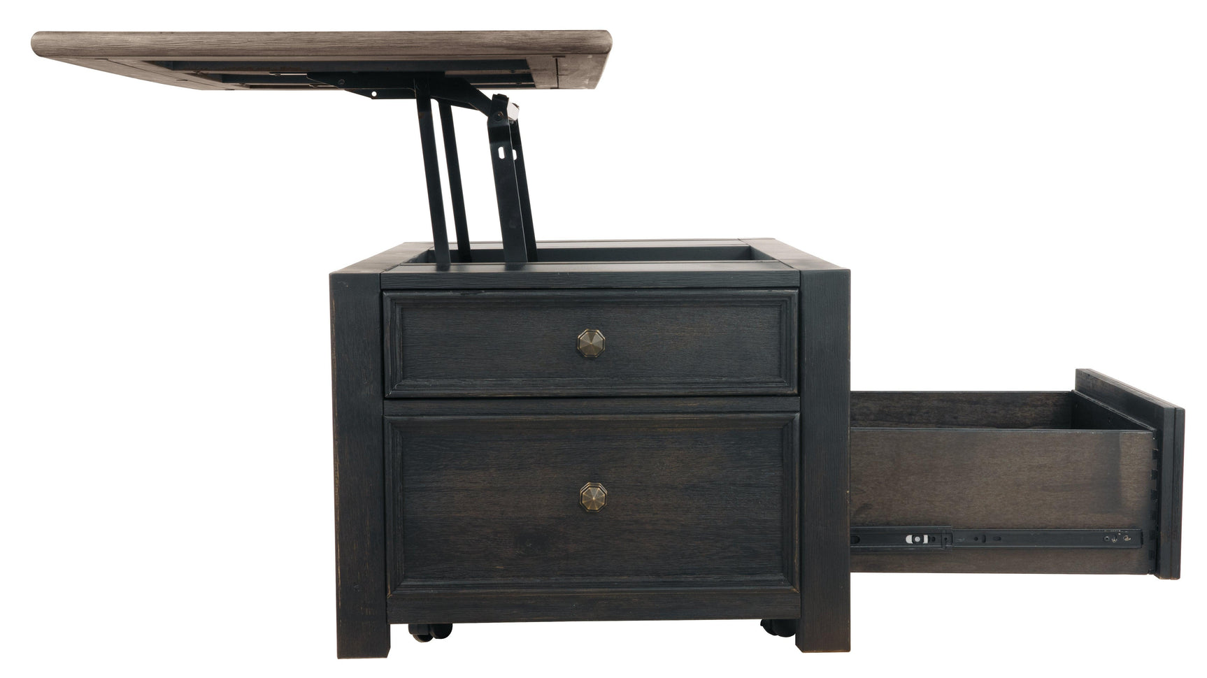 Tyler Creek Lift-Top Coffee Table in grayish brown and black finish