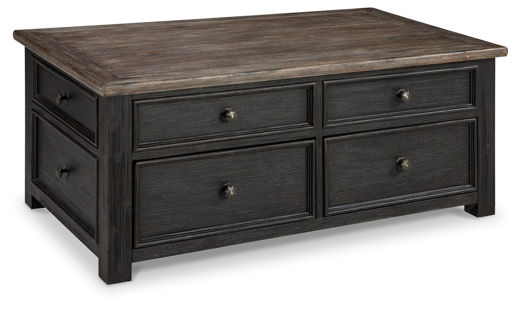 Side view showing drawers and casters on Tyler Creek coffee table