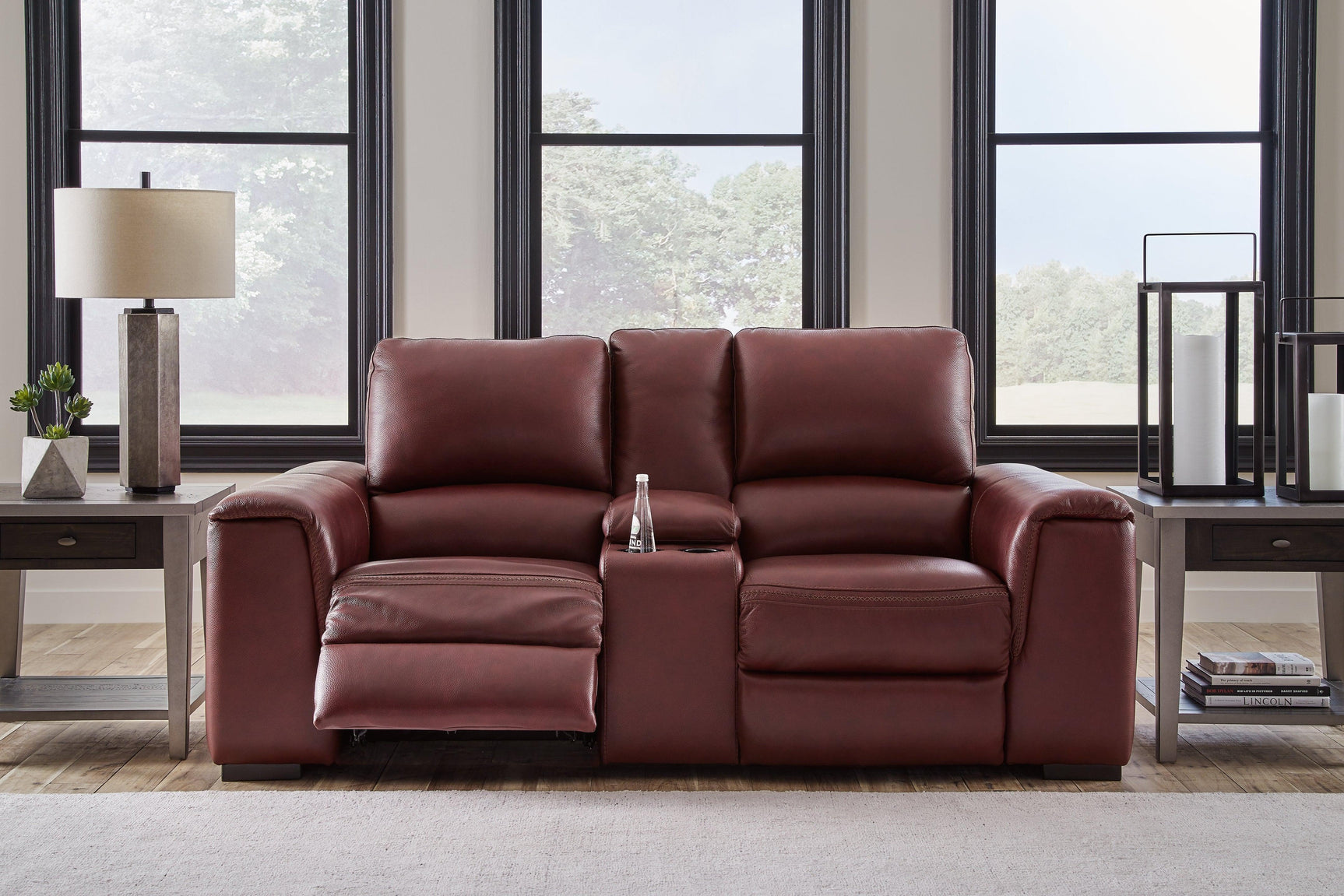 Alessandro Garnet Power Reclining Loveseat With Console - Ella Furniture