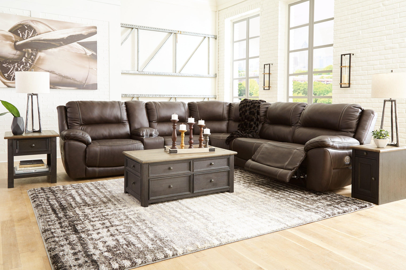 Dunleith Chocolate 6-Piece Power Reclining Sectional - Ella Furniture