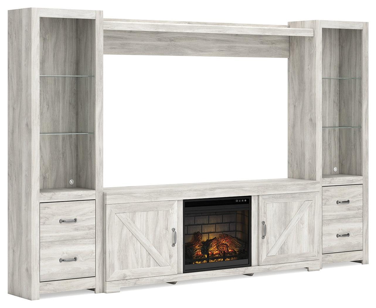 Bellaby Whitewash 4-Piece Entertainment Center With Electric Fireplace - Ella Furniture