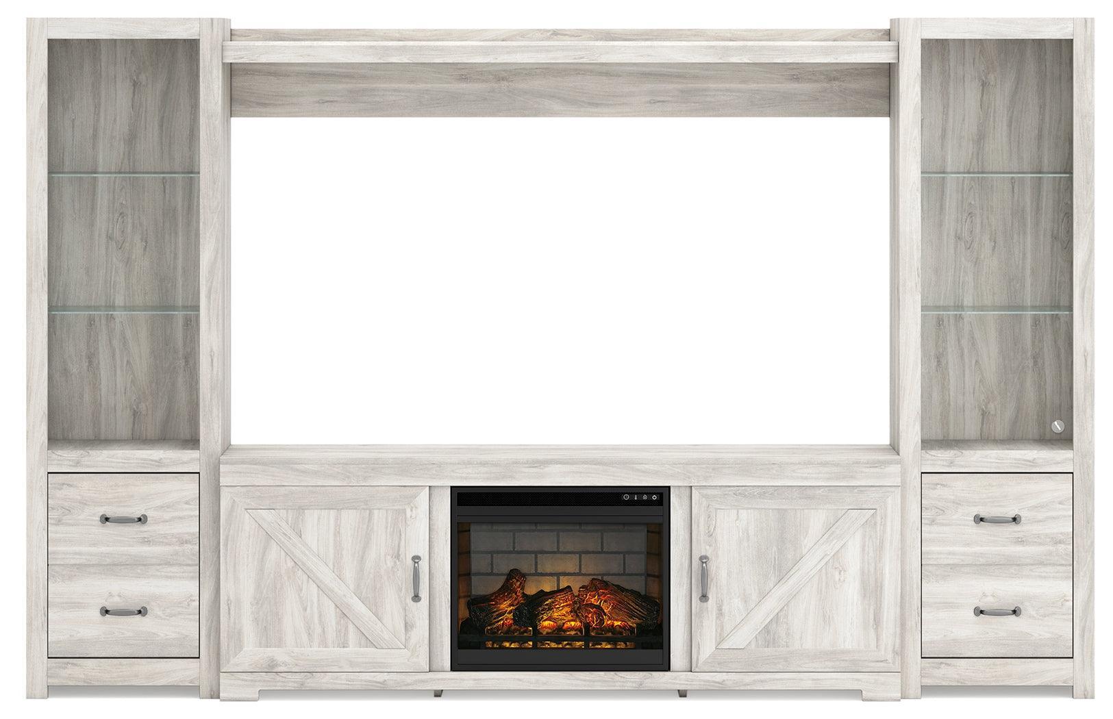Bellaby Whitewash 4-Piece Entertainment Center With Electric Fireplace - Ella Furniture