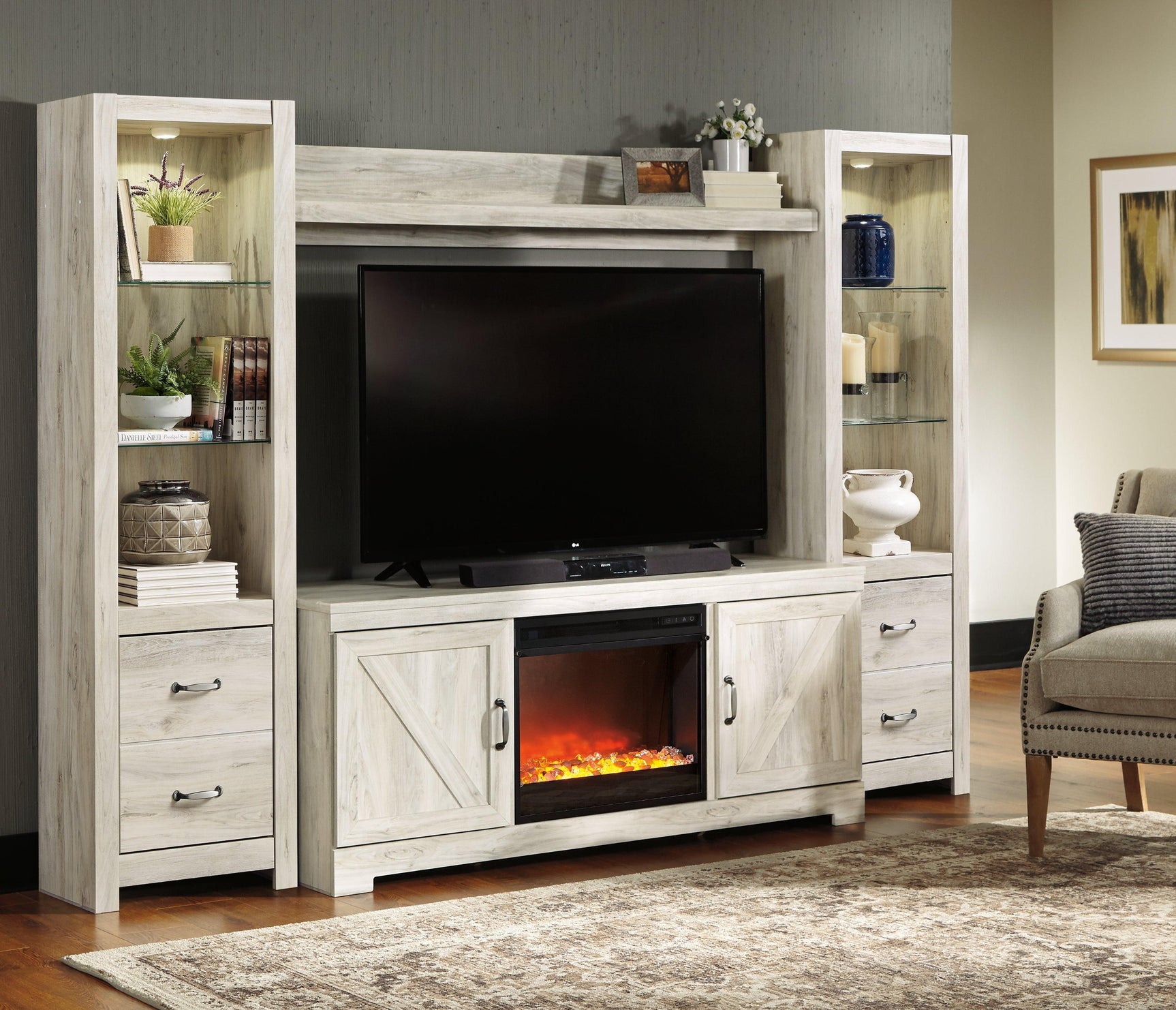 Bellaby Whitewash 4-Piece Entertainment Center With Fireplace - Ella Furniture