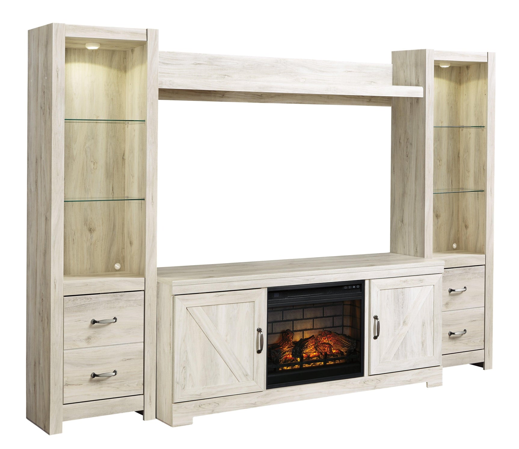 Bellaby Whitewash 4-Piece Entertainment Center With Electric Fireplace - Ella Furniture