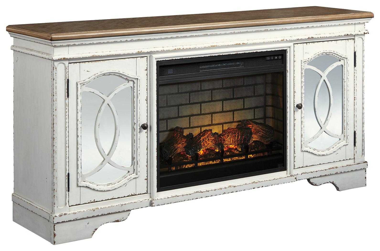 Realyn Chipped White 74" Tv Stand With Electric Fireplace - Ella Furniture