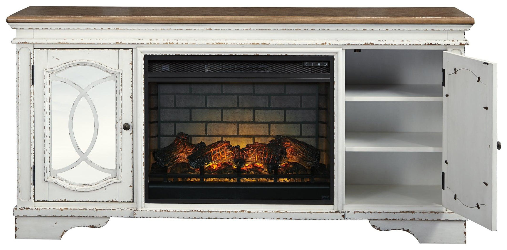 Realyn Chipped White 74" Tv Stand With Electric Fireplace - Ella Furniture