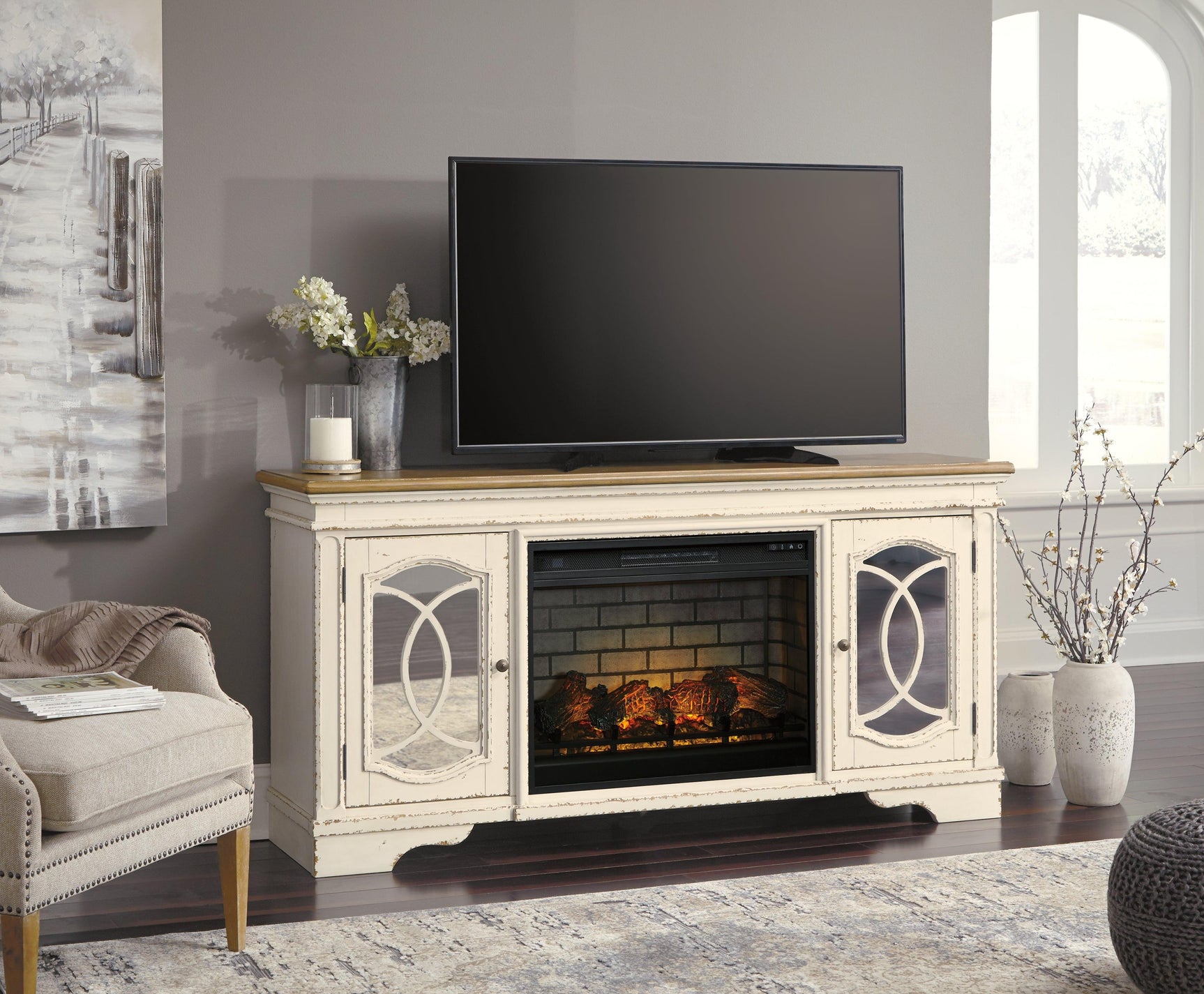Realyn Chipped White 74" Tv Stand With Electric Fireplace - Ella Furniture