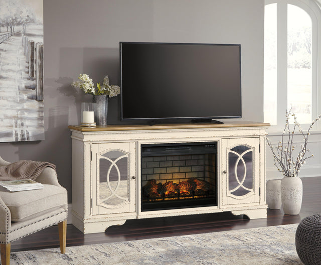 Realyn Chipped White 74" Tv Stand With Electric Fireplace - Ella Furniture
