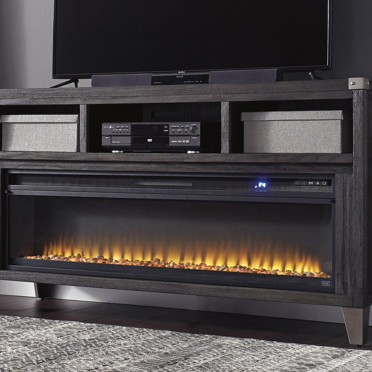 Todoe Gray 65" Tv Stand With Electric Fireplace Ella Furniture