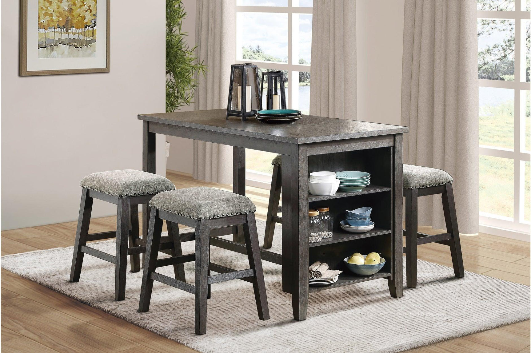 Timbre Black Contemporary Acacia Veneer Wood Wire Brown Fabric Seat Rectangular Dining Room Set - Ella Furniture