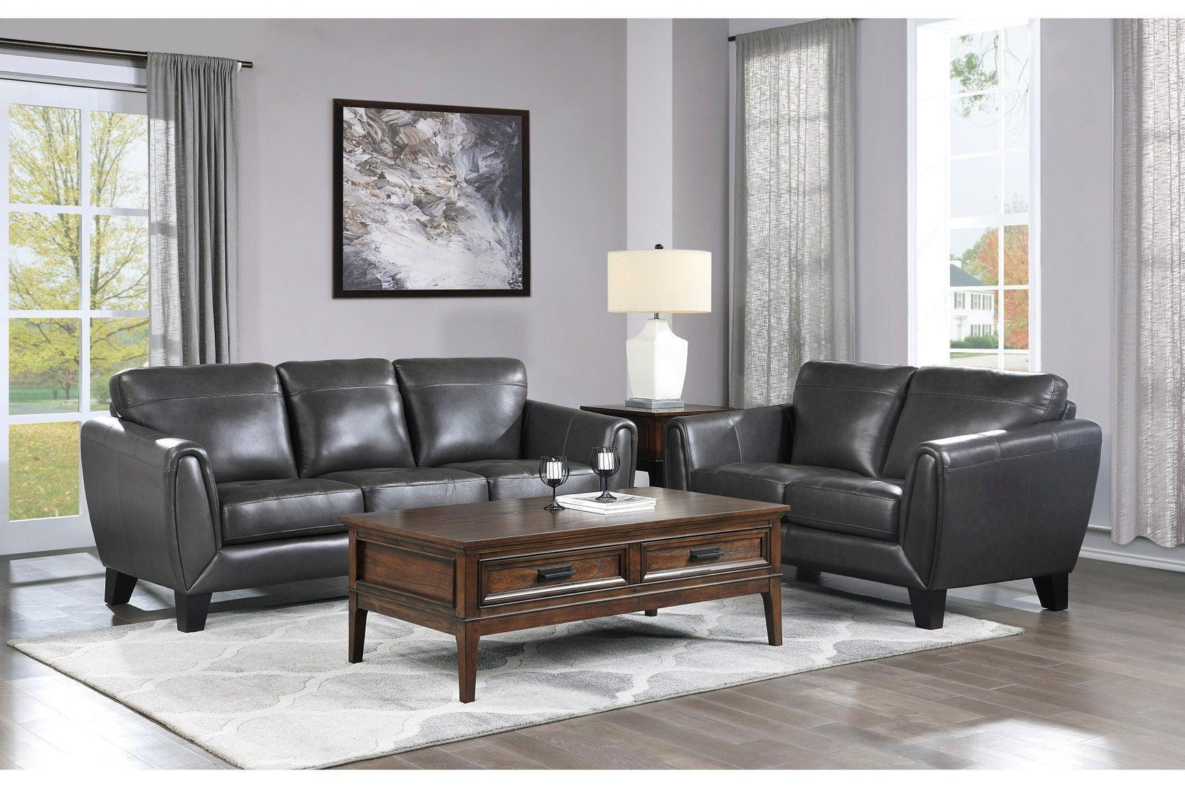 Spivey Dark Dray Solid Wood And Plywood Grain Leather Upholstery 2Pc Set: Sofa, Love - Ella Furniture