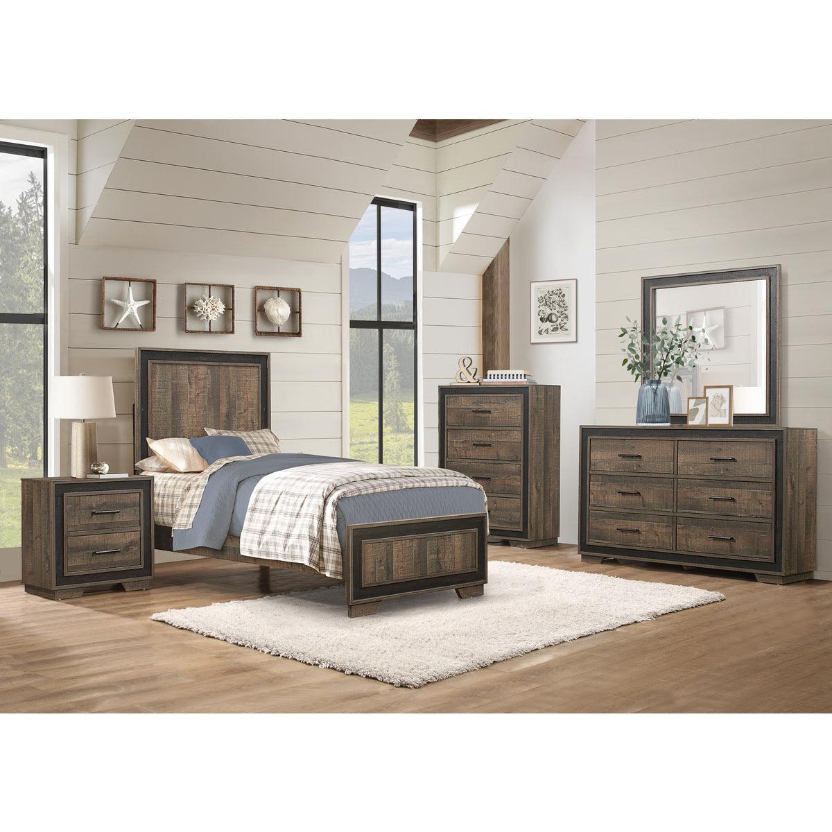Ellendale Rustic Mahogany And Dark Ebony Embossed Modern Wood, Engineered Wood Youth Twin Panel Bed - Ella Furniture