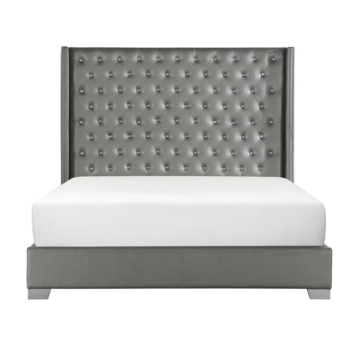 Jacklyn Silver Modern Contemporary Solid Wood Faux Leather Upholstered Tufted King Panel Bed - Ella Furniture