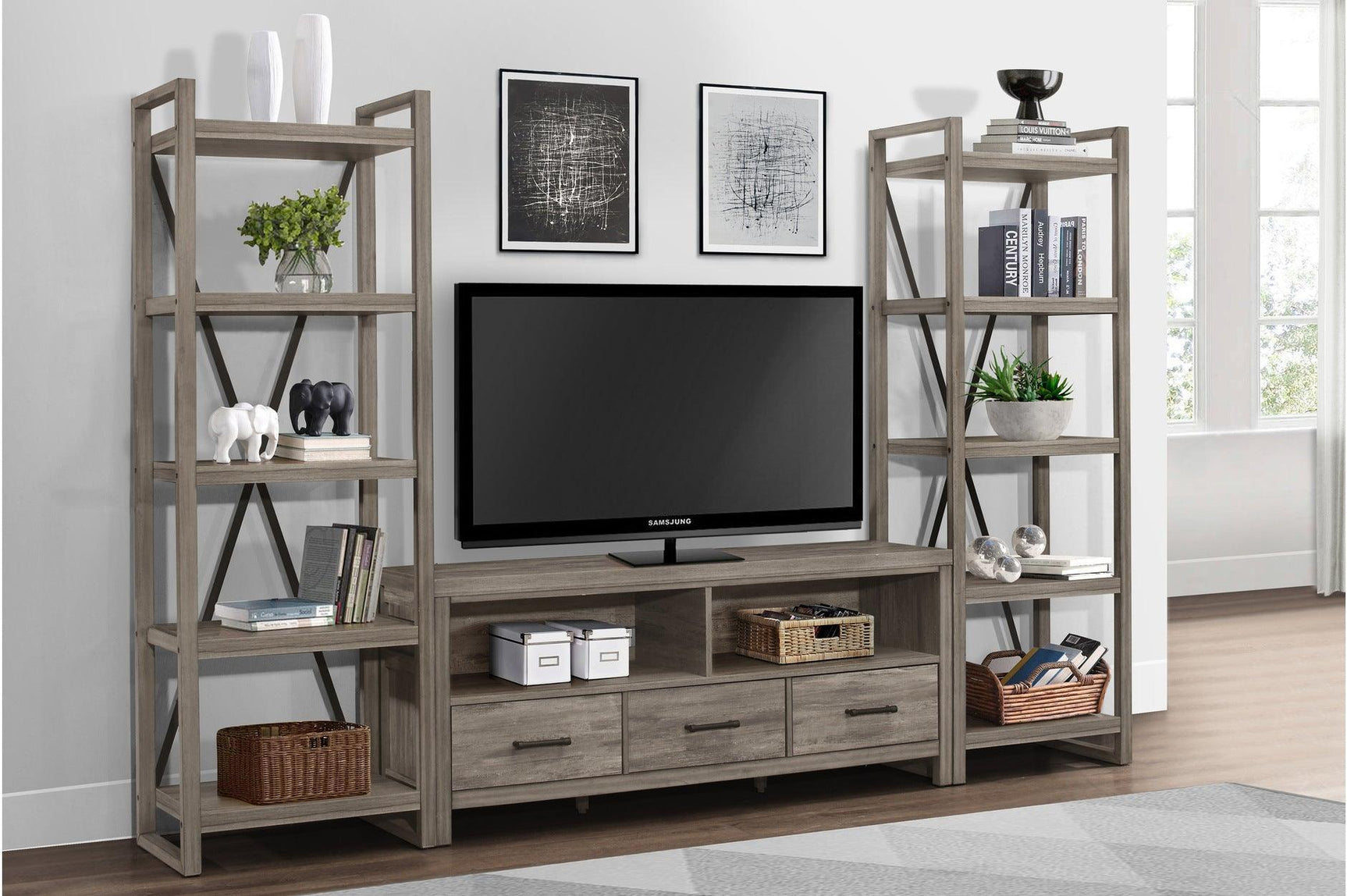 Bainbridge Gray Transitional Melamine Laminate Weathered Gray Wood Storage TV Stand - Ella Furniture