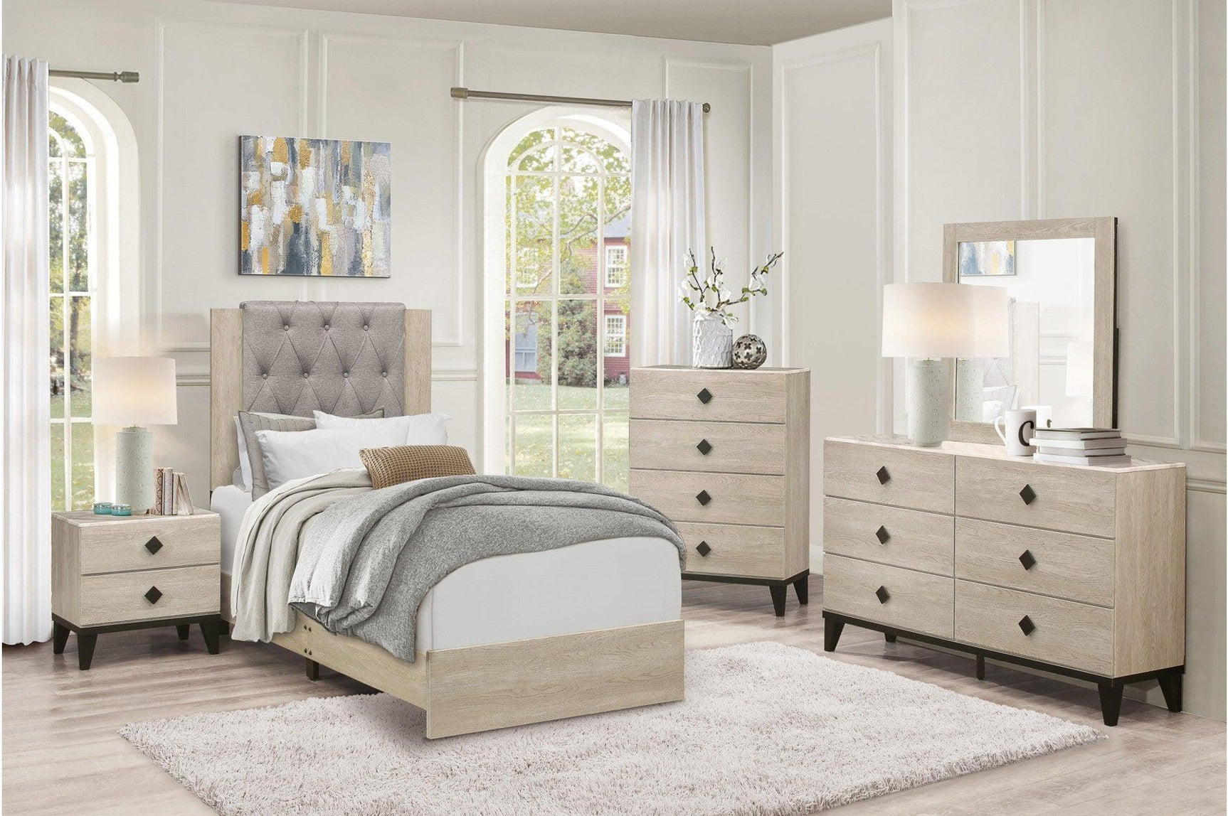 Whiting Gray Linen Modern Contemporary Solid Wood Tufted Panel Bedroom Set - Ella Furniture