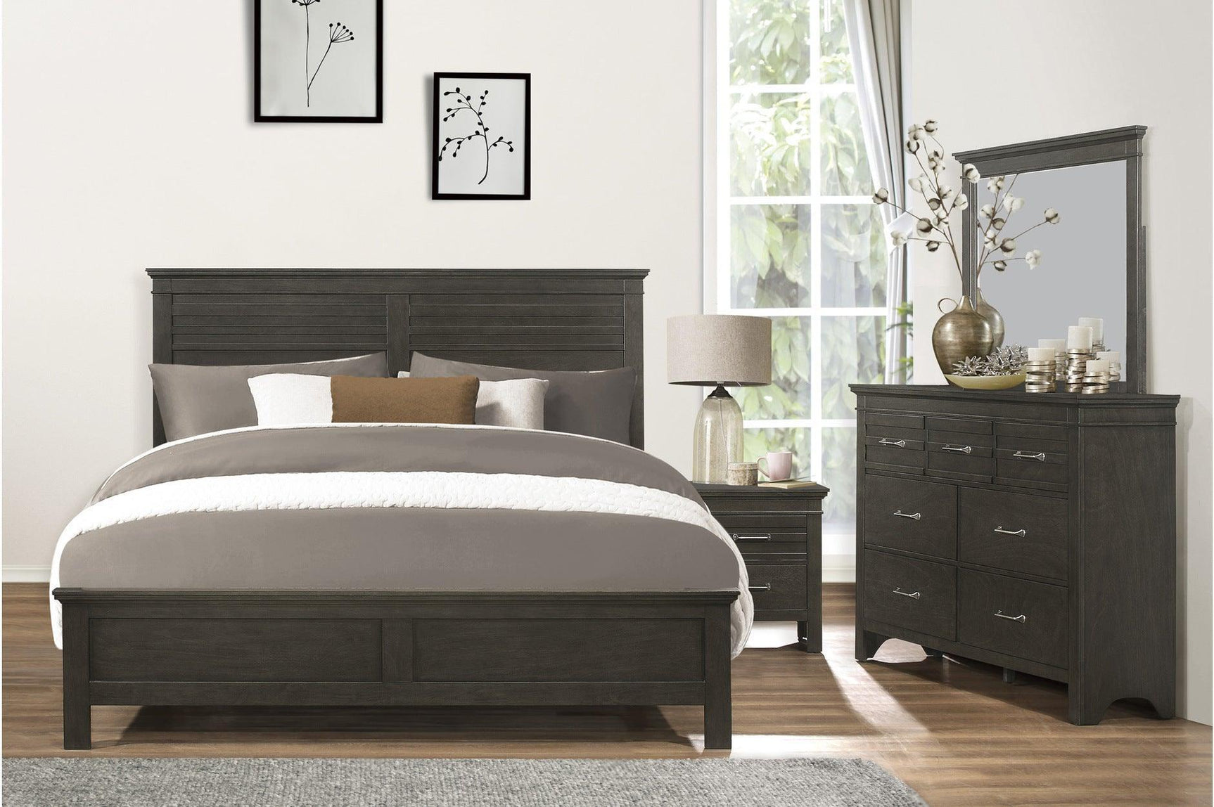 Blaire Farm Charcoal Gray Okume Veneer And Modern Solid Wood Panel Bedroom Set - Ella Furniture