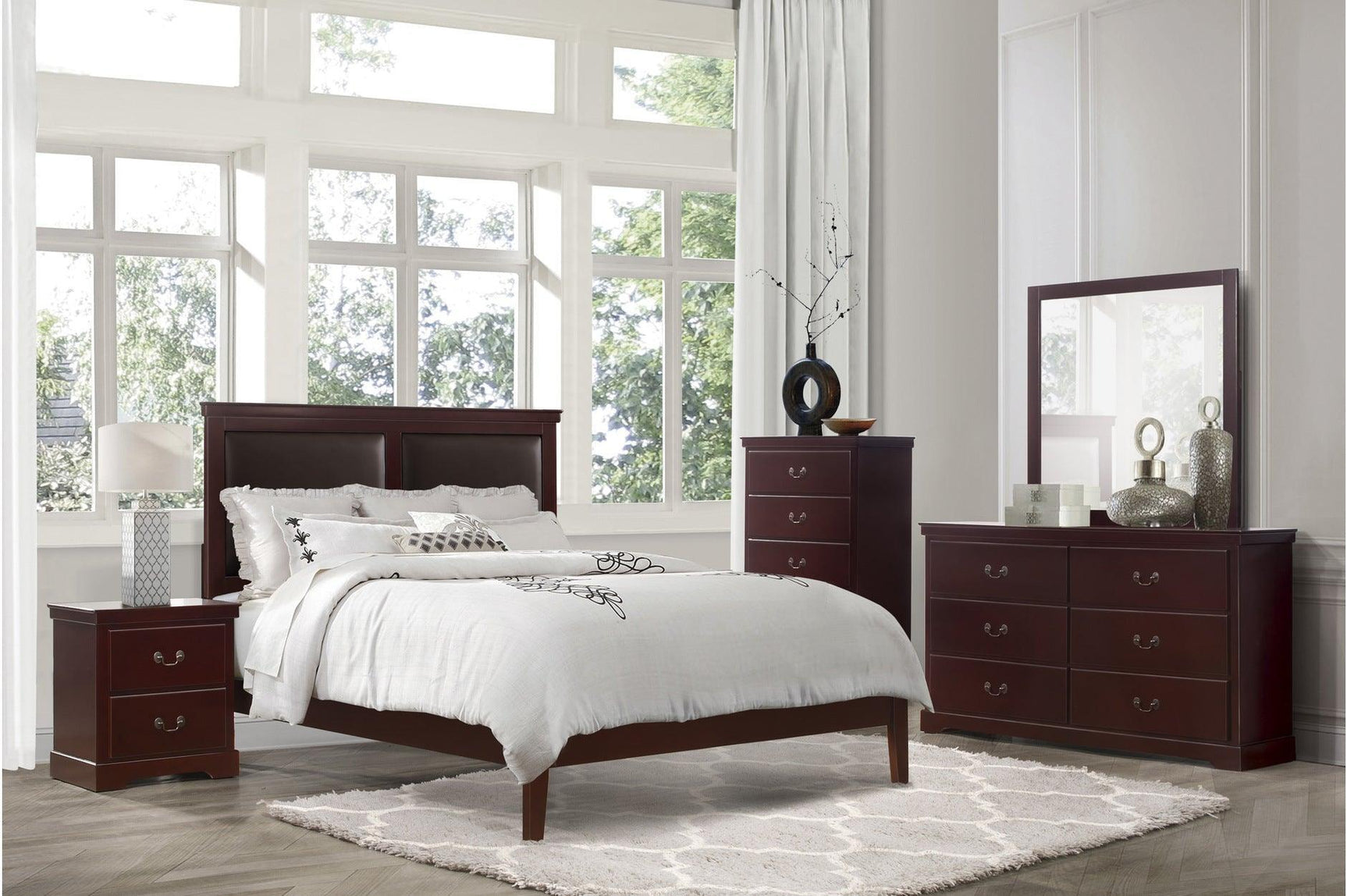 Seabright Cherry Finish Traditional Faux Leather Upholstered Headboard Youth Youth Bedroom Set - Ella Furniture