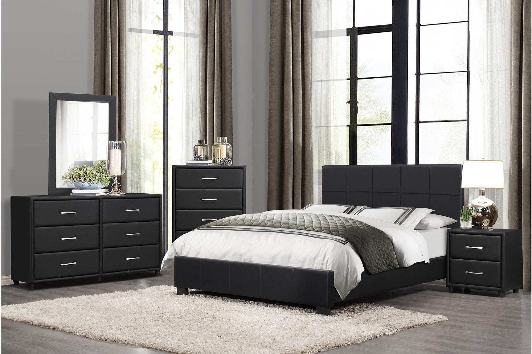 Lorenzi Black Modern Contemporary Sleek Faux Leather Upholstered Panel Bedroom Set - Ella Furniture