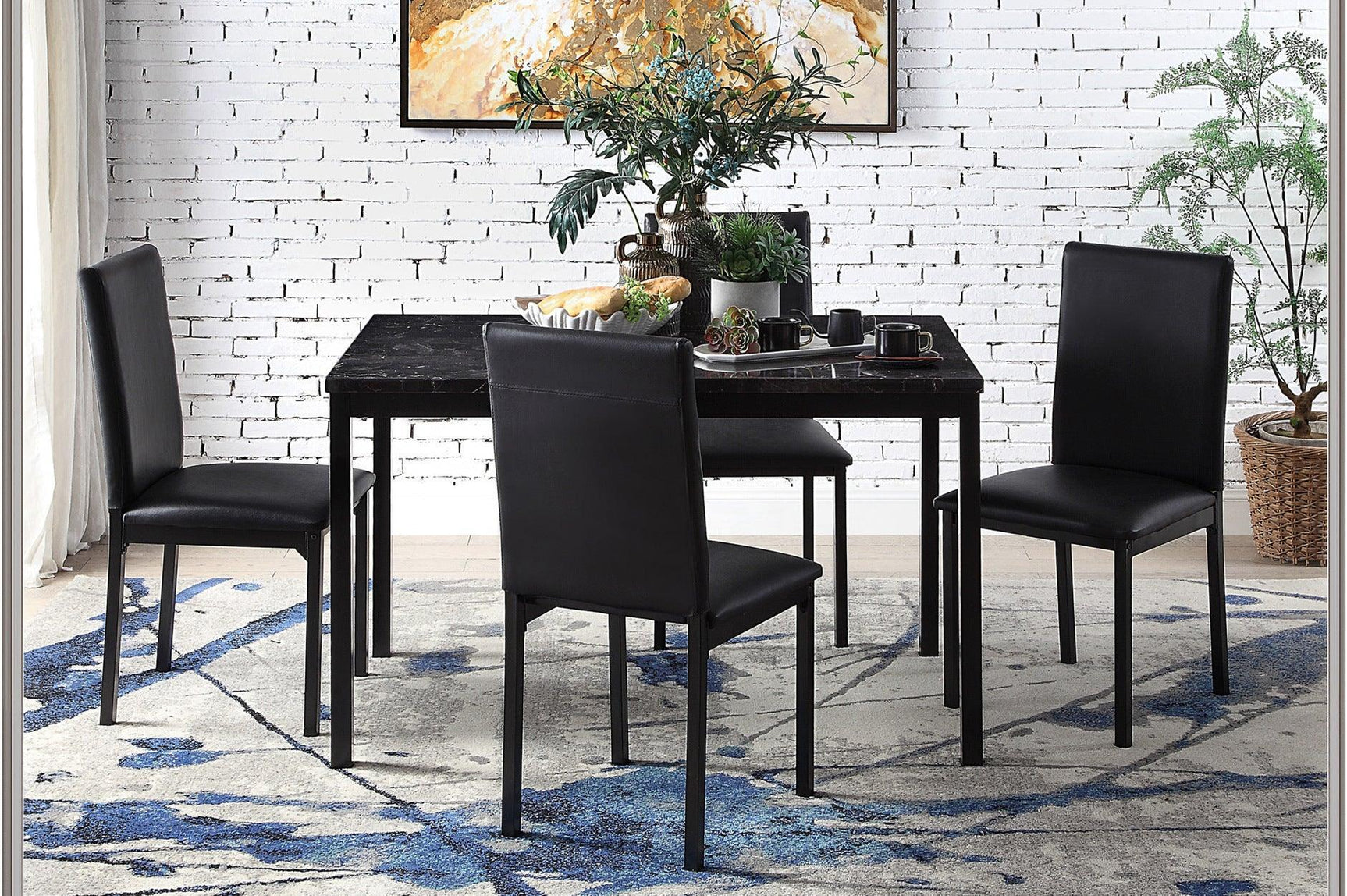 Tempe Black Solid Wood Faux Leather Upholstered Seat Faux Marble Top Rectangular Dining Room Set - Ella Furniture