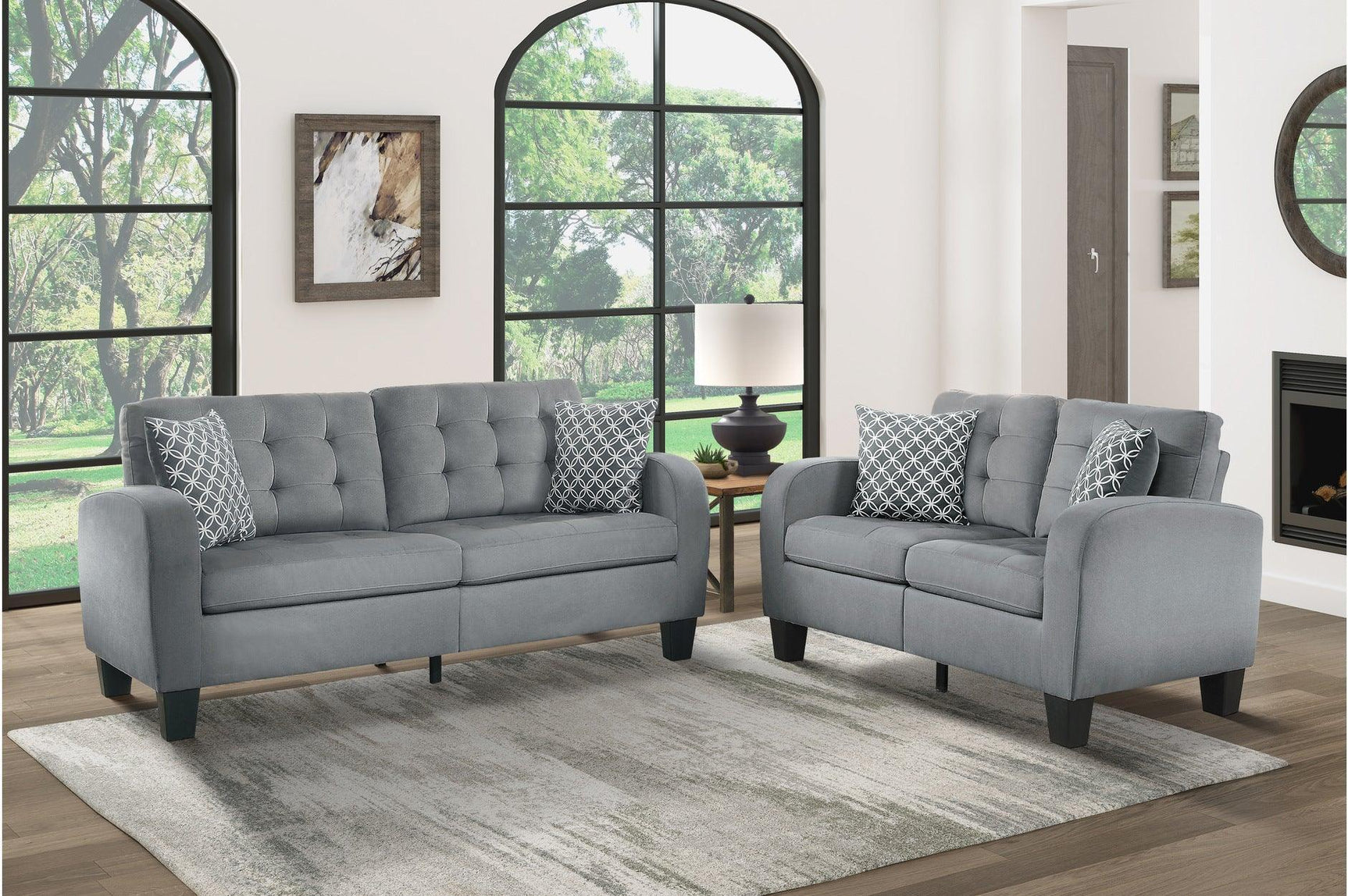 Sinclair Gray Solid Wood And Plywood Textured Fabric Upholstery Tufted Sofa And Love Seat - Ella Furniture